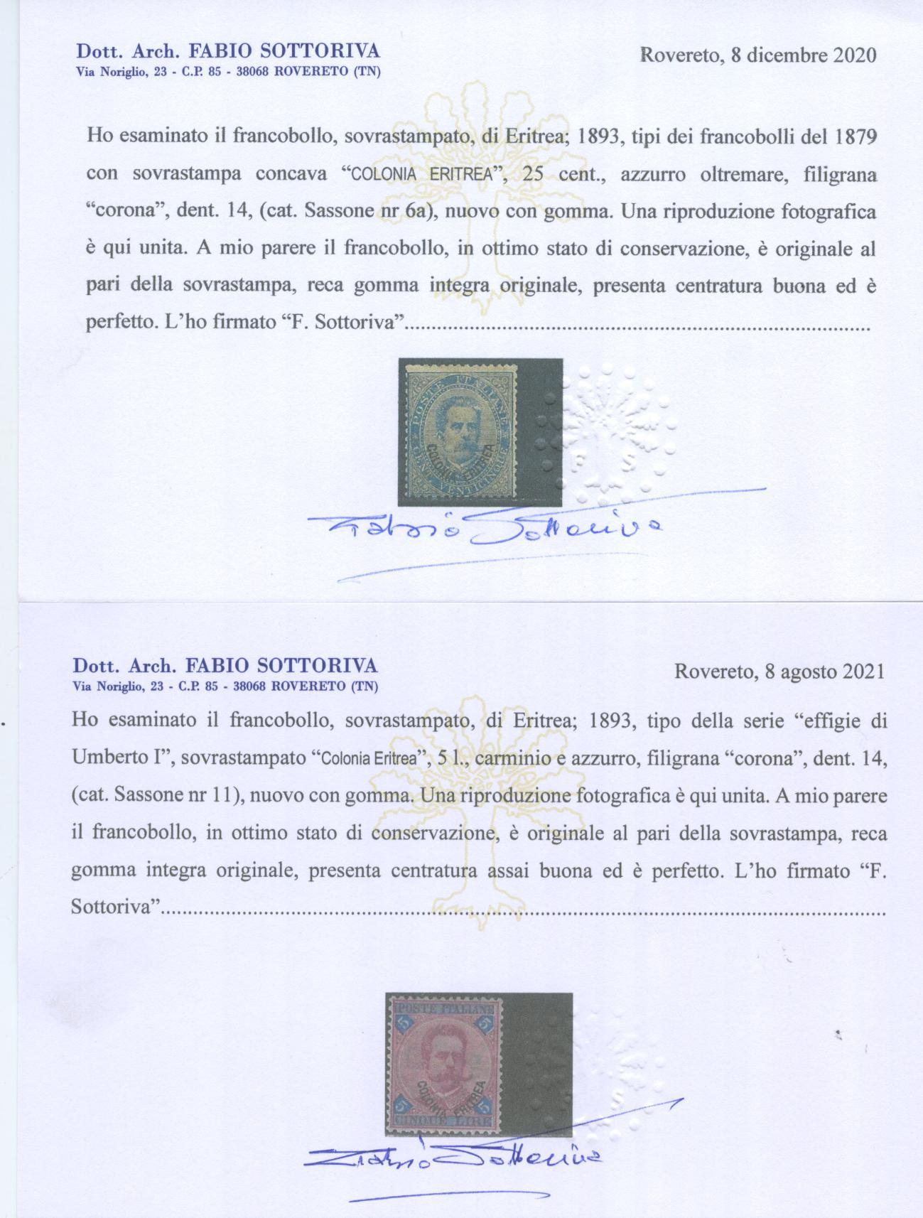 Scansione lotto: COLONIE ERITREA 1893 SOVR. 11V. 3 ** CENTRATO CERT.