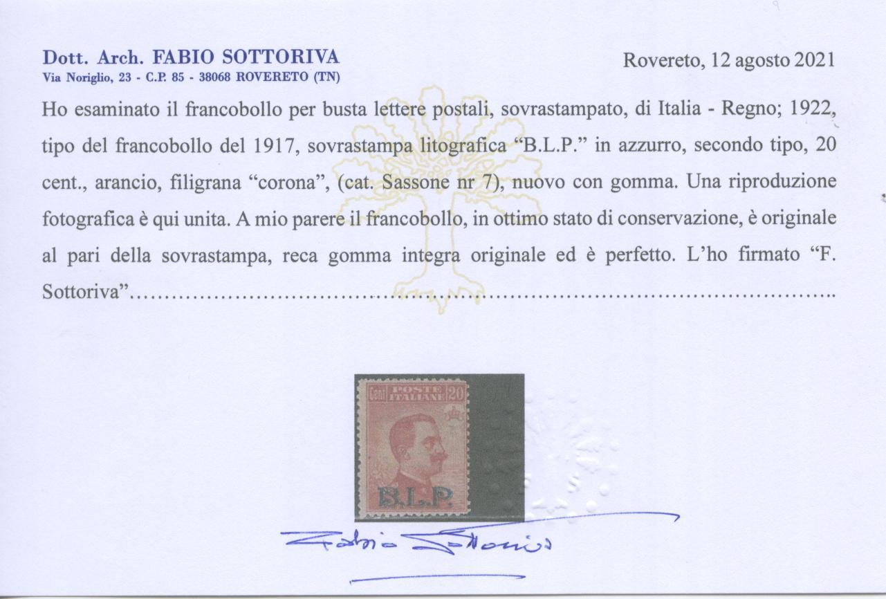 Scansione lotto: REGNO 1922 BLP 20C. II TIPO 4 **  CERT.