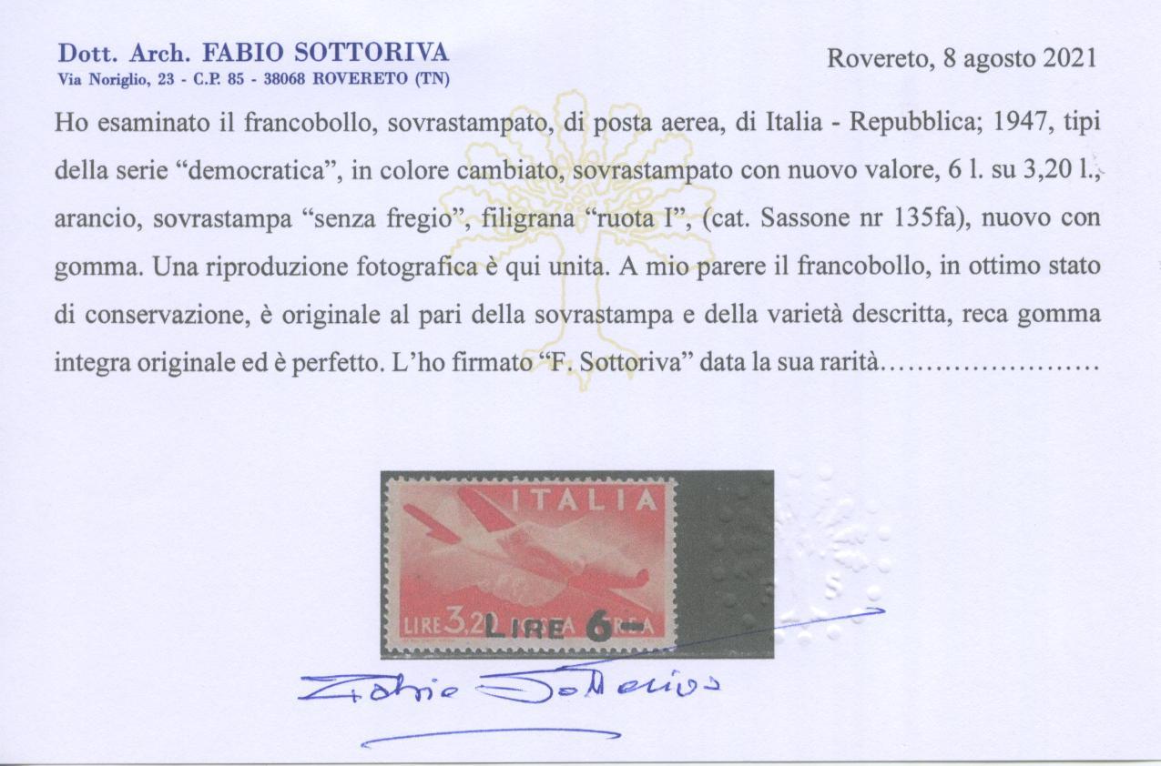 Scansione lotto: REPUBBLICA 1947 L.6 SU L.3,20 N.135fa **  CERT.