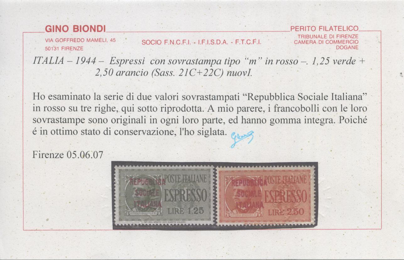 Scansione lotto: RSI E LUOGOTENENZA 1944 ESPR. N.21C/22C 2 **  CERT.