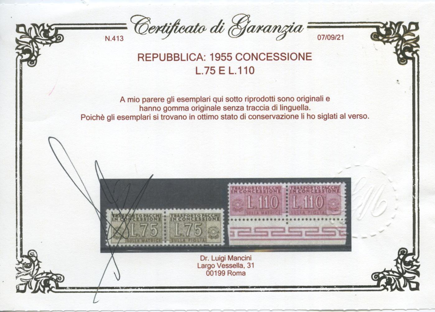 Scansione lotto: REPUBBLICA 1955 CONCESS. L.75 E 110 4 ** CENTRATO CERT.