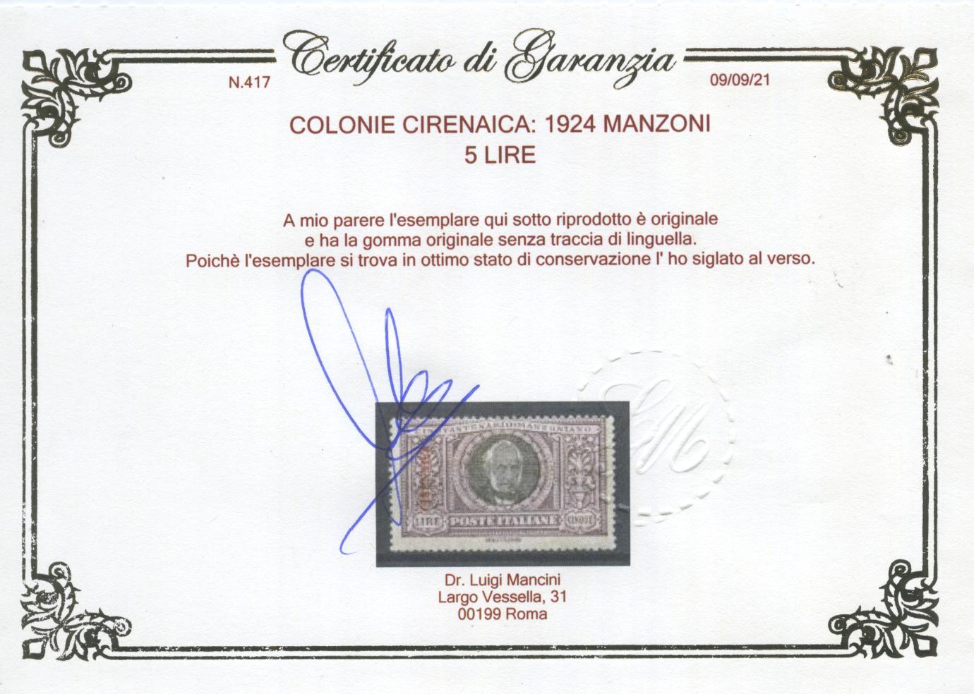 Scansione lotto: COLONIE CIRENAICA 1924 MANZONI 6V. **  CERT.