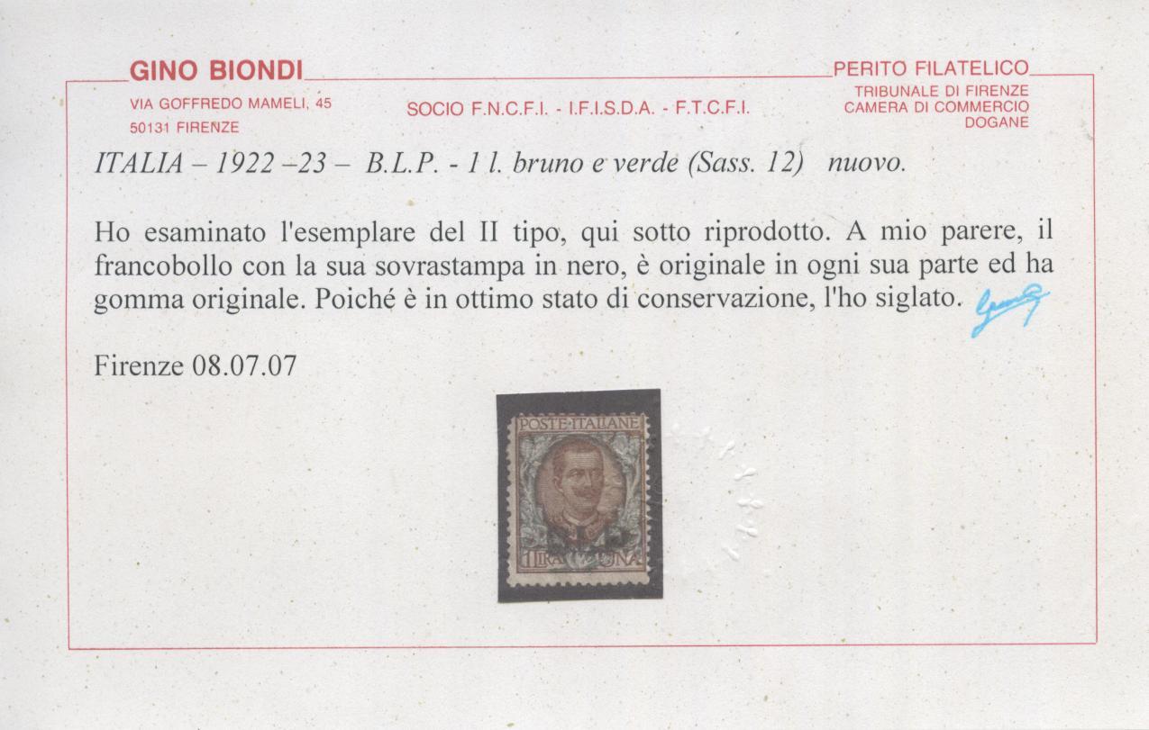 Scansione lotto: REGNO 1922 BLP L.1 3 *  CERT.