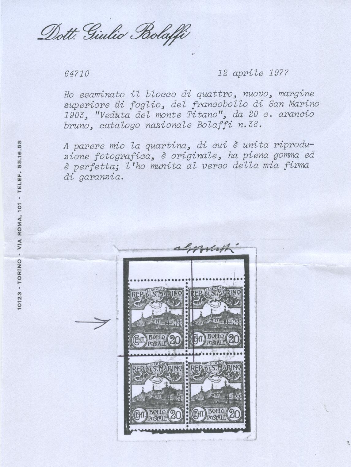 Scansione lotto: SAN MARINO 1903 CIFRA E VEDUTE C.20 2 ** CENTRATO CERT.