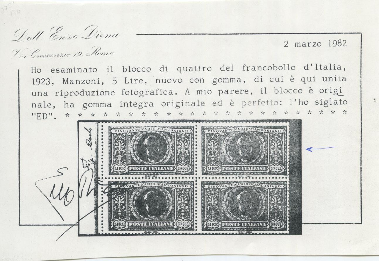 Scansione lotto: REGNO 1923 MANZONI 6V. ** CENTRATO CERT.