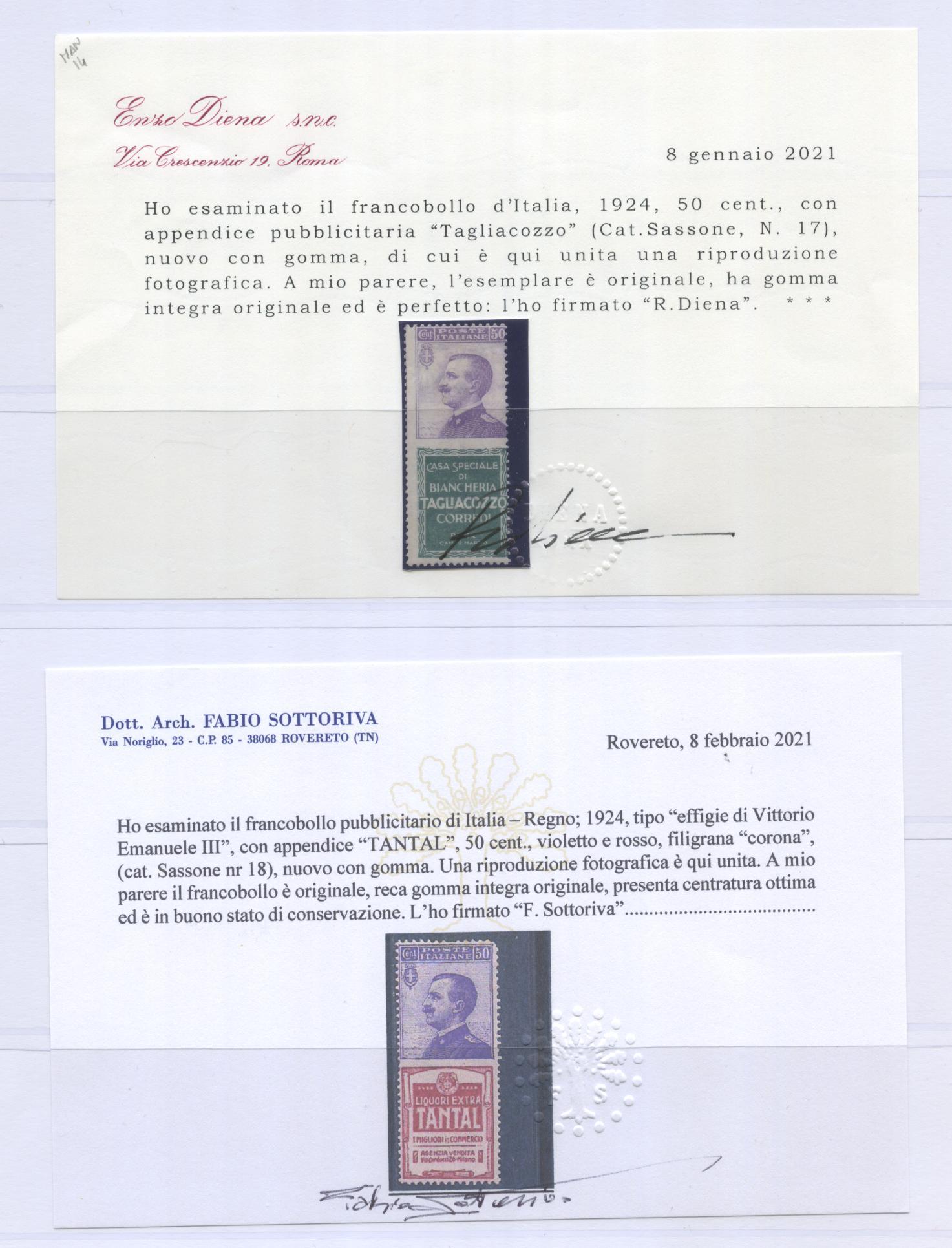 Scansione lotto: REGNO 1924 PUBBLICITARI CPL. 21V. **  CERT.