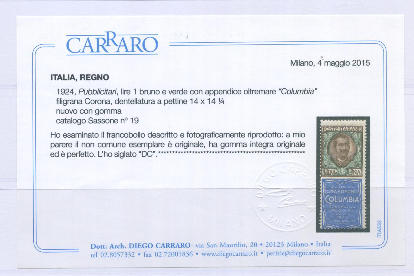 Scansione lotto: REGNO 1924 PUBBLICITARI CPL. 21V. **  CERT.