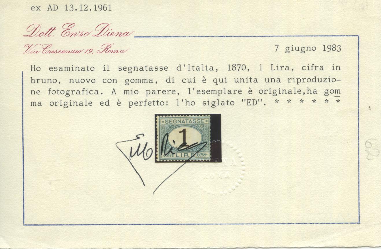 Scansione lotto: REGNO 1870 TASSE L.1 3 *  CERT.