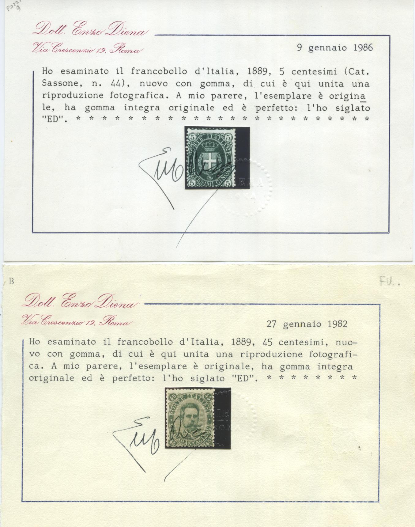 Scansione lotto: REGNO 1889 STEMMA E UMBERTO I 6V. **  CERT.