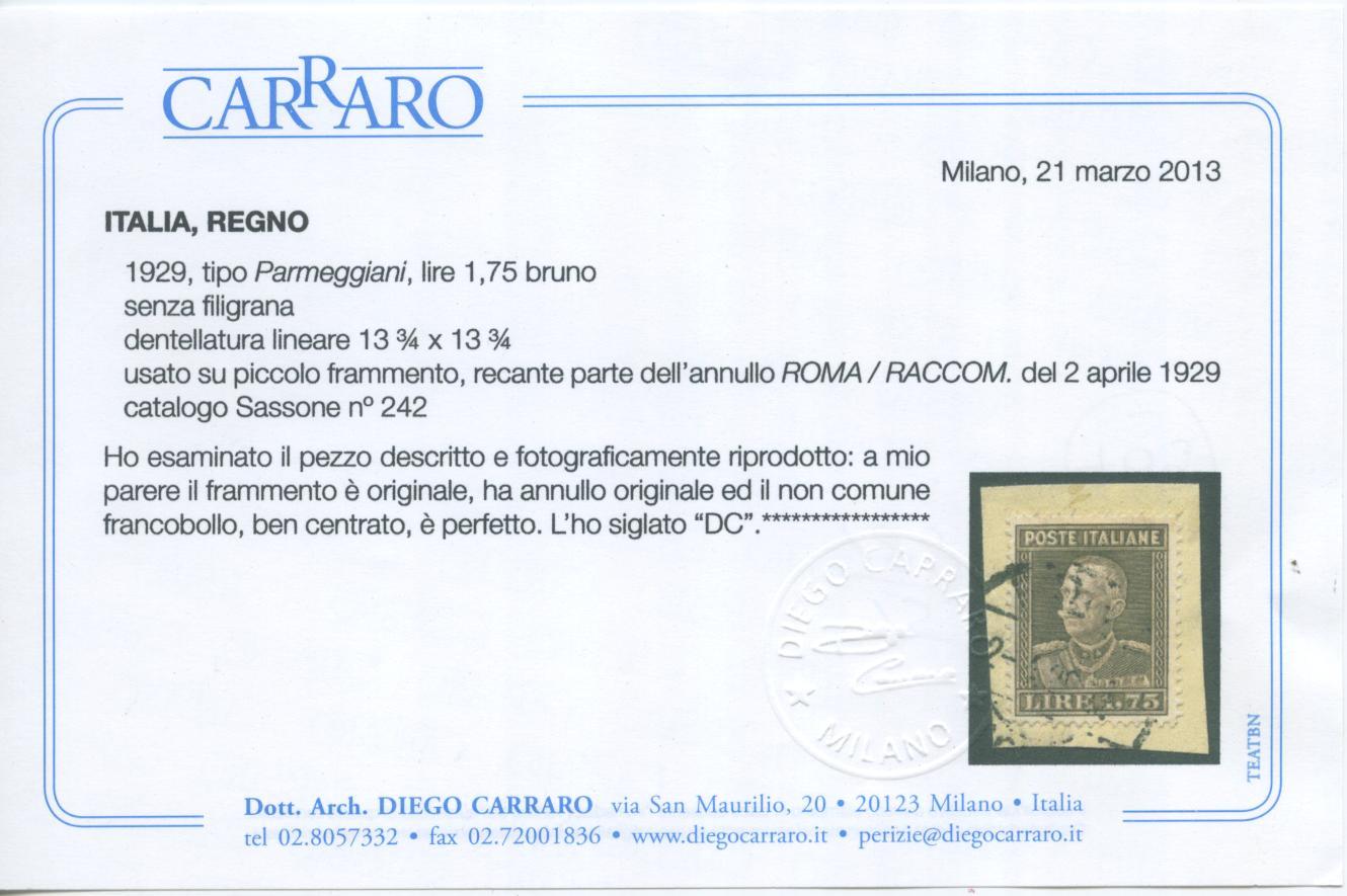 Scansione lotto: REGNO 1929 L.1,75 RARO US. CENTRATO CERT.