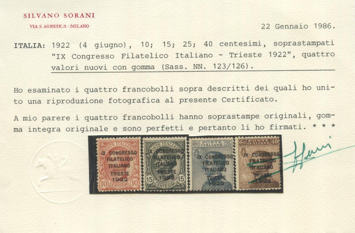 Scansione lotto: REGNO 1922 CONGRESSO FILATELICO 4V. 2 ** CENTRATO CERT.