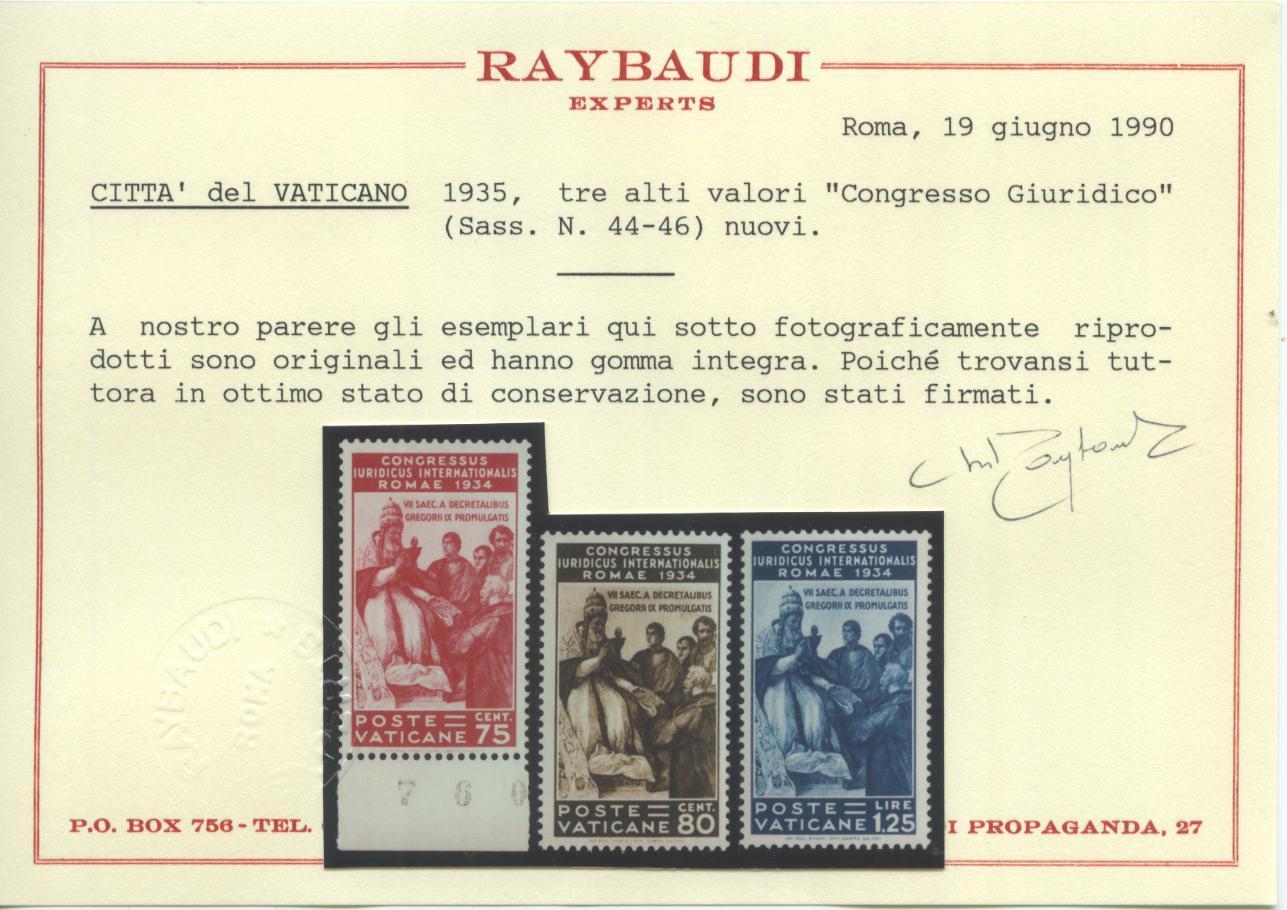 Scansione lotto: VATICANO 1935 GIURIDICO 6V. 3 ** LUSSO CERT.