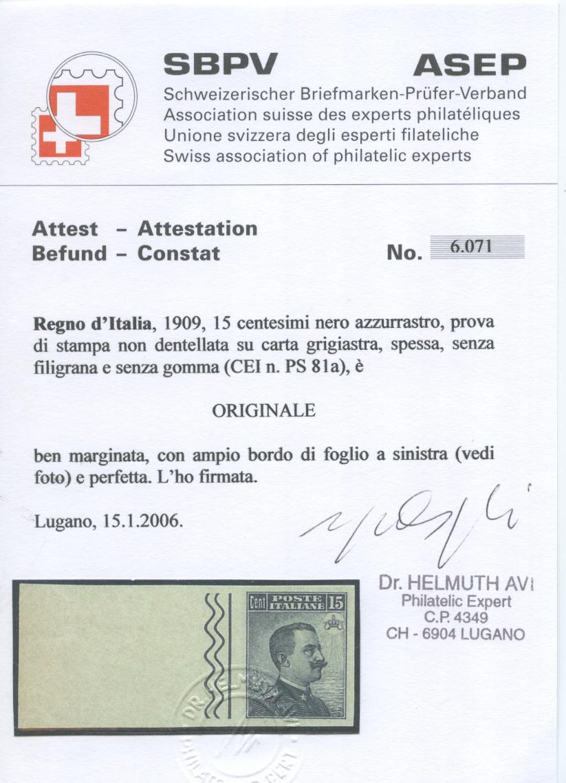 Scansione lotto: REGNO 1909 15C. RARO PROVA STAMPA SG  CERT.