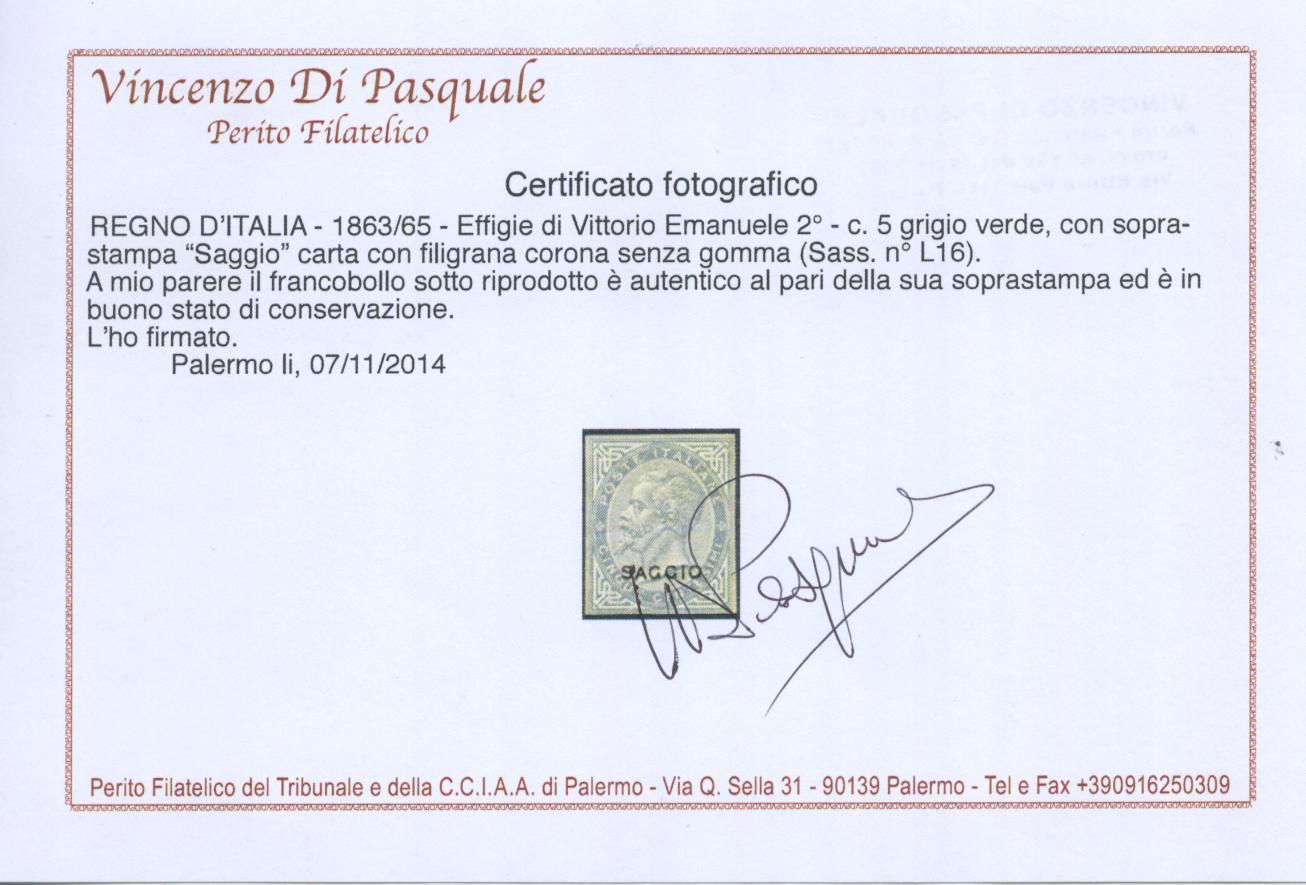 Scansione lotto: REGNO 1863 5C. SOVR. SAGGIO SG  CERT.