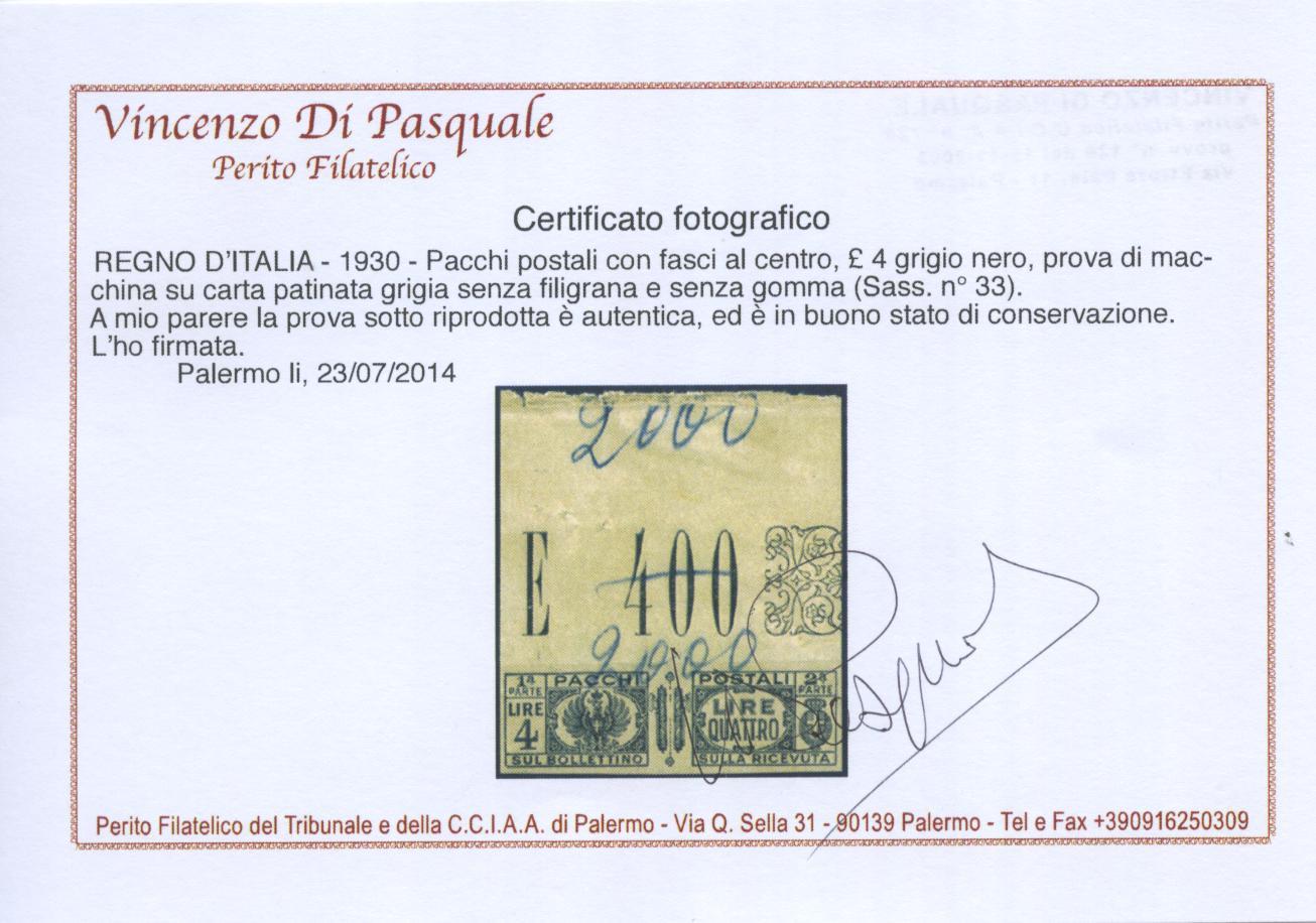 Scansione lotto: REGNO 1927/32 PACCHI L.4 PROVA SG  CERT.