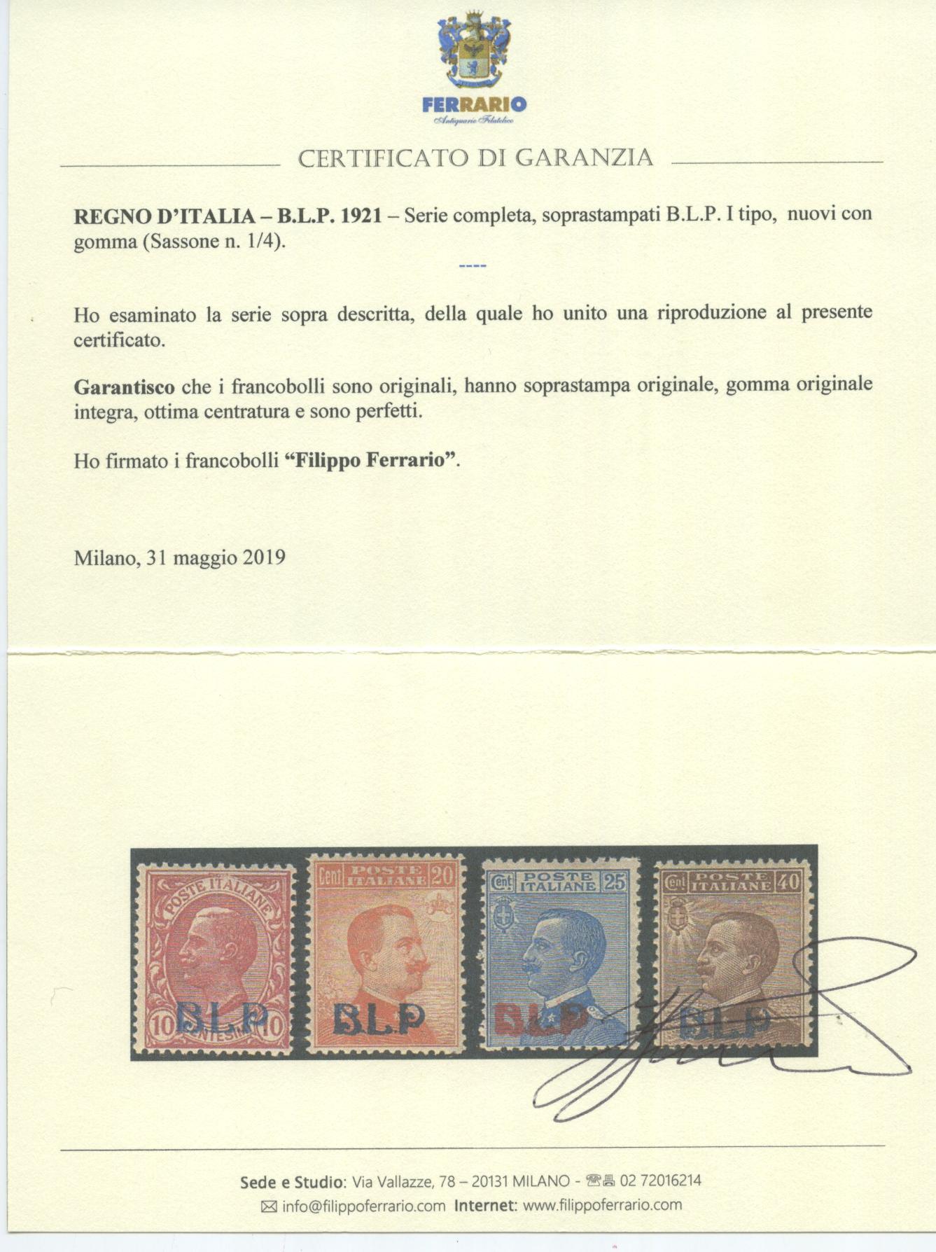 Scansione lotto: REGNO 1921 BLP I TIPO CPL. 4V. ** CENTRATO CERT.