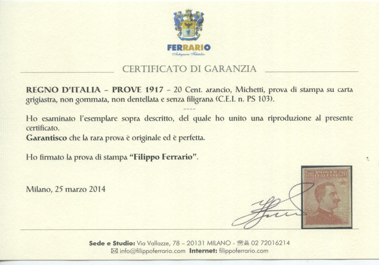 Scansione lotto: REGNO 1916 20C. SENZA FILIGRANA PROVA SG  CERT.