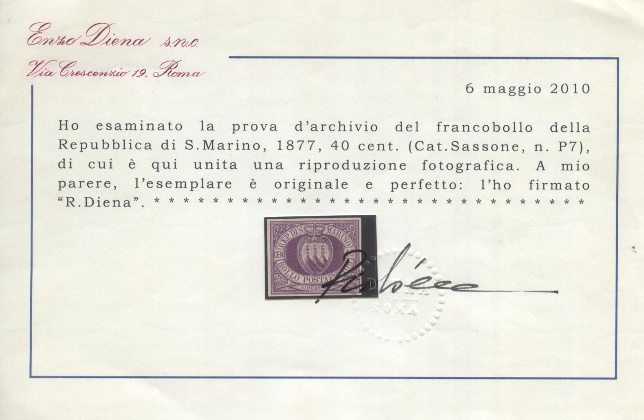 Scansione lotto: SAN MARINO 1877 40C. LILLA PROVA *  CERT.