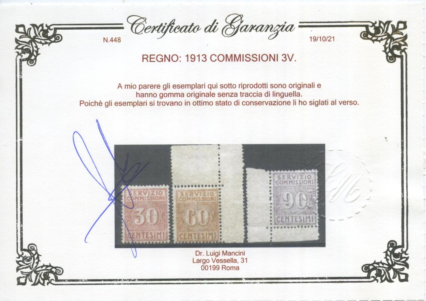 Scansione lotto: REGNO 1913 COMMISSIONI 3V. ** LUSSO CERT.