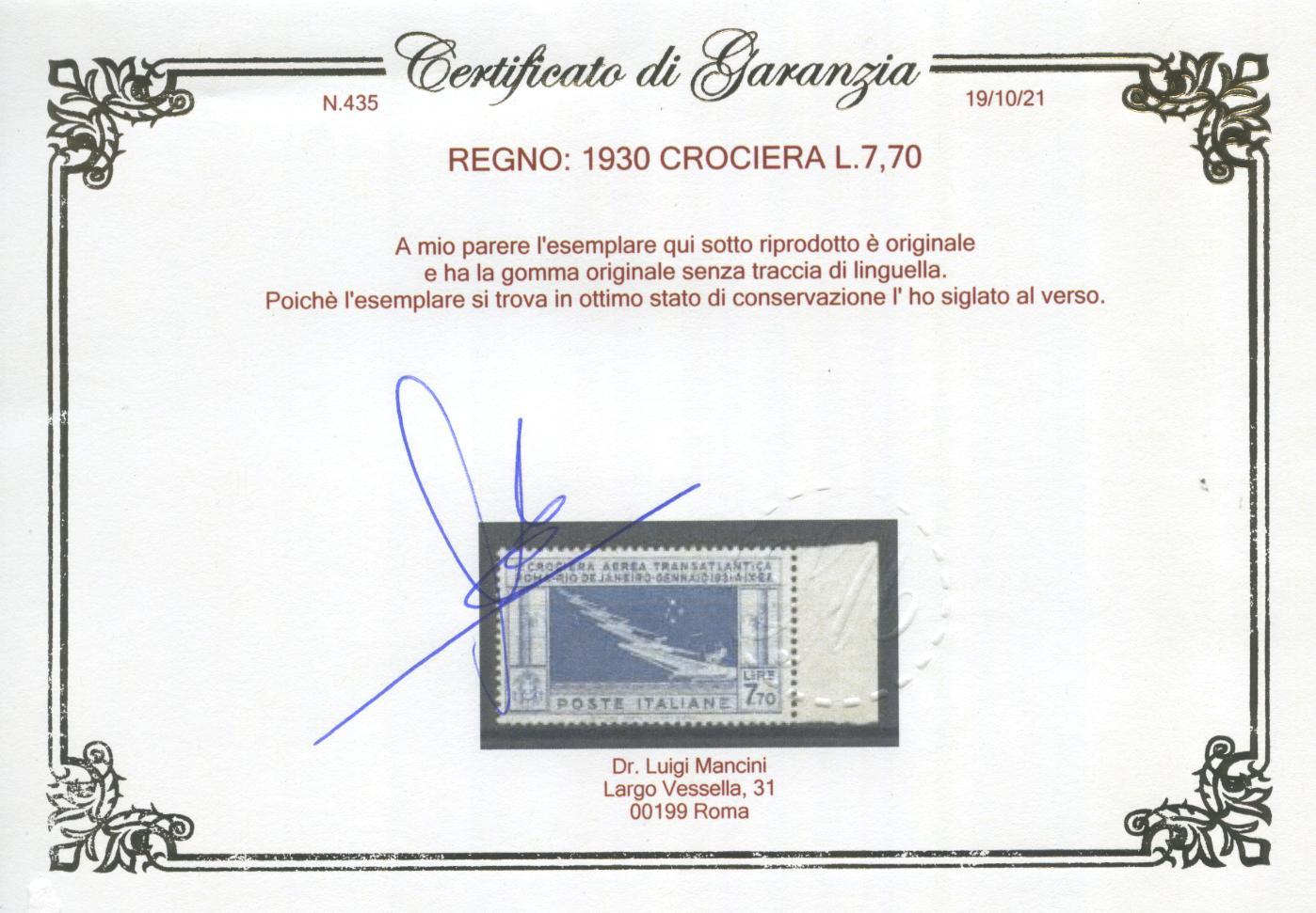 Scansione lotto: REGNO 1930 CROCIERA L.7,70 3 ** LUSSO CERT.