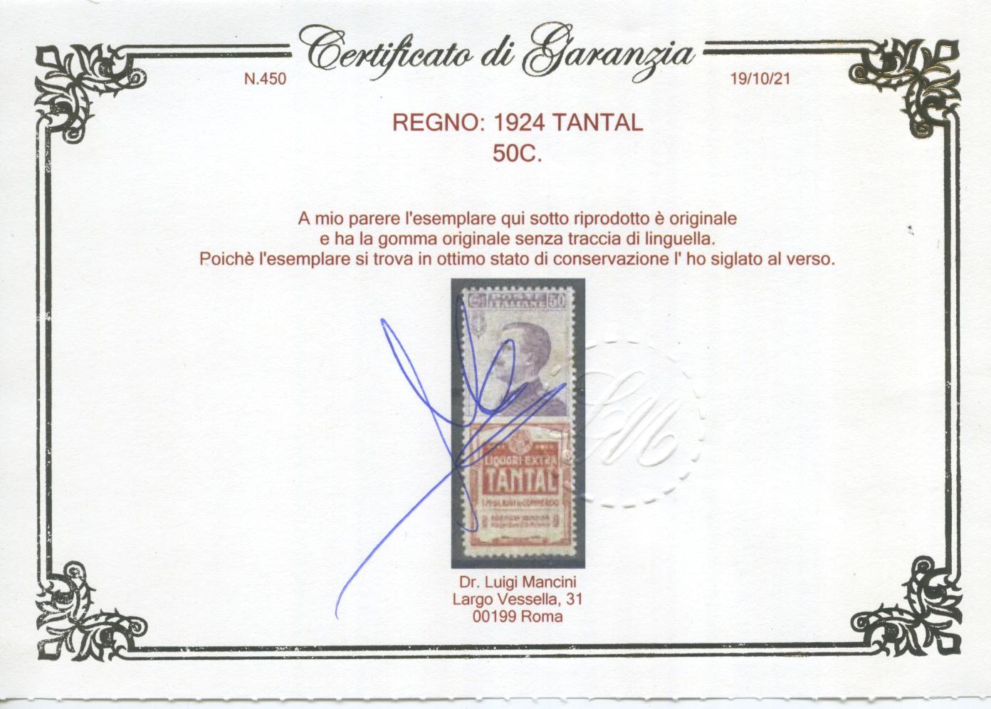 Scansione lotto: REGNO 1924 50C. TANTAL 2 ** CENTRATO CERT.