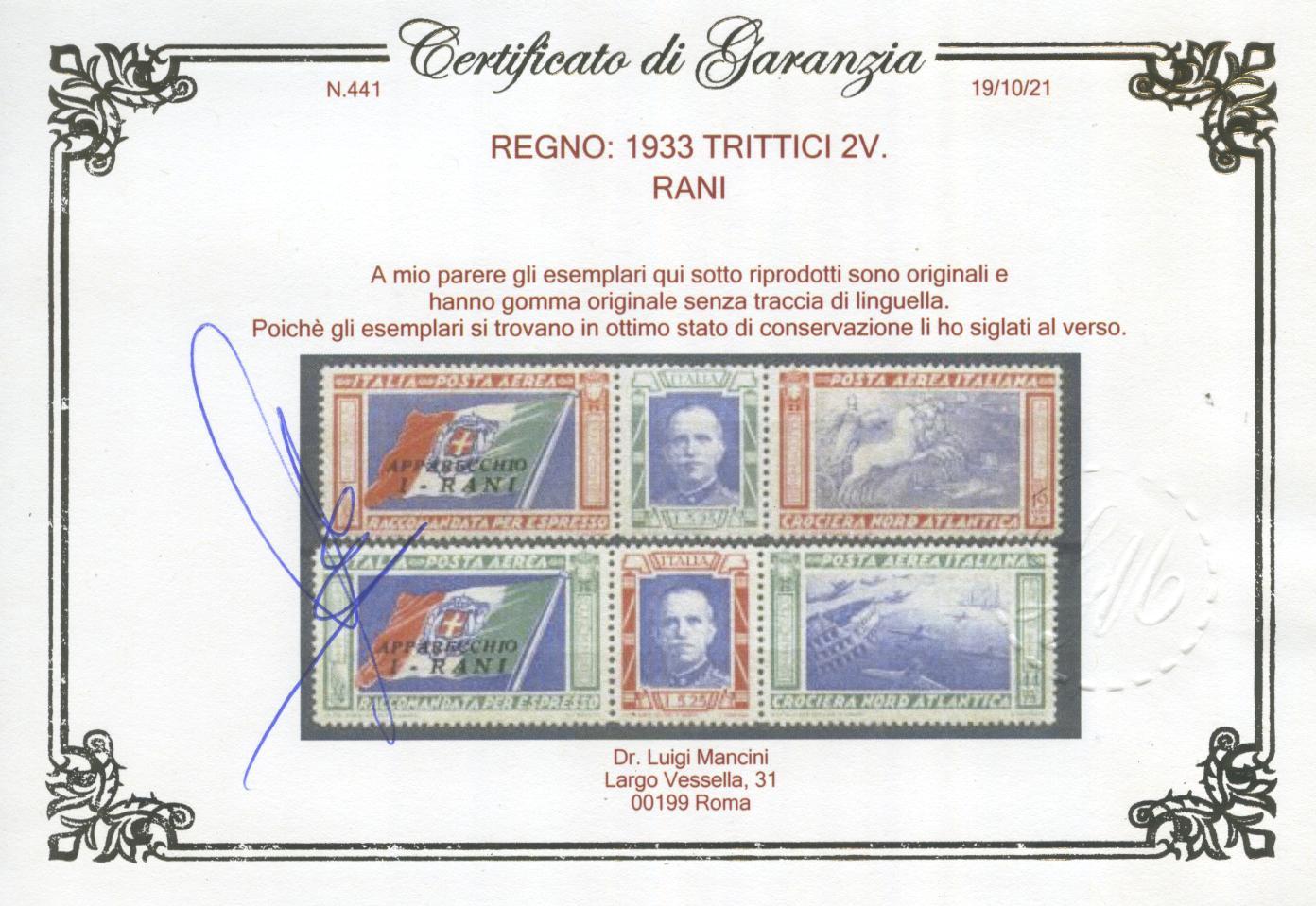 Scansione lotto: REGNO 1933 TRITTICI 2V. RANI 4 **  CERT.