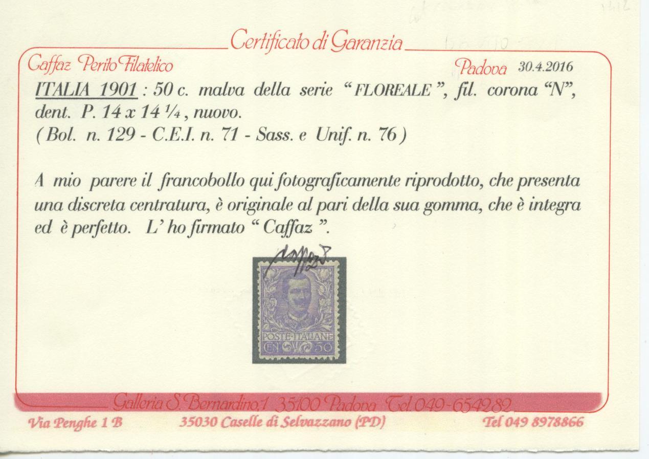 Scansione lotto: REGNO 1901 FLOREALE 50C. 3 ** CENTRATO CERT.