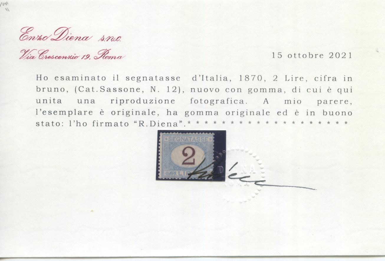 Scansione lotto: REGNO 1870 TASSE L.2 4 *  CERT.