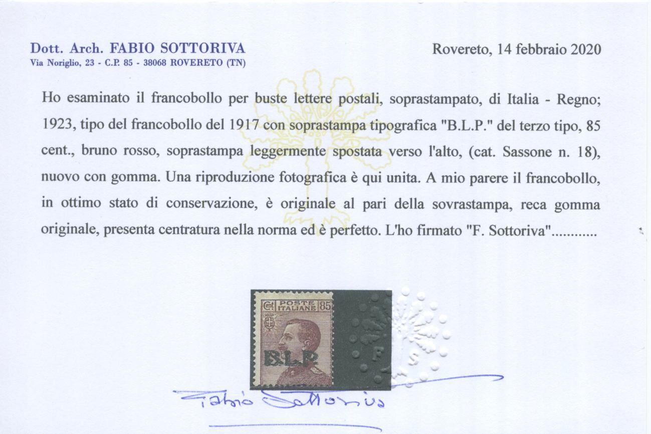 Scansione lotto: REGNO 1923 BLP 85C. III TIPO *  CERT.