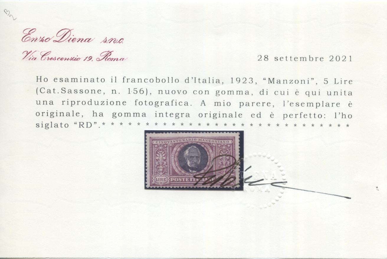 Scansione lotto: REGNO 1923 MANZONI L.5 6 ** CENTRATO CERT.