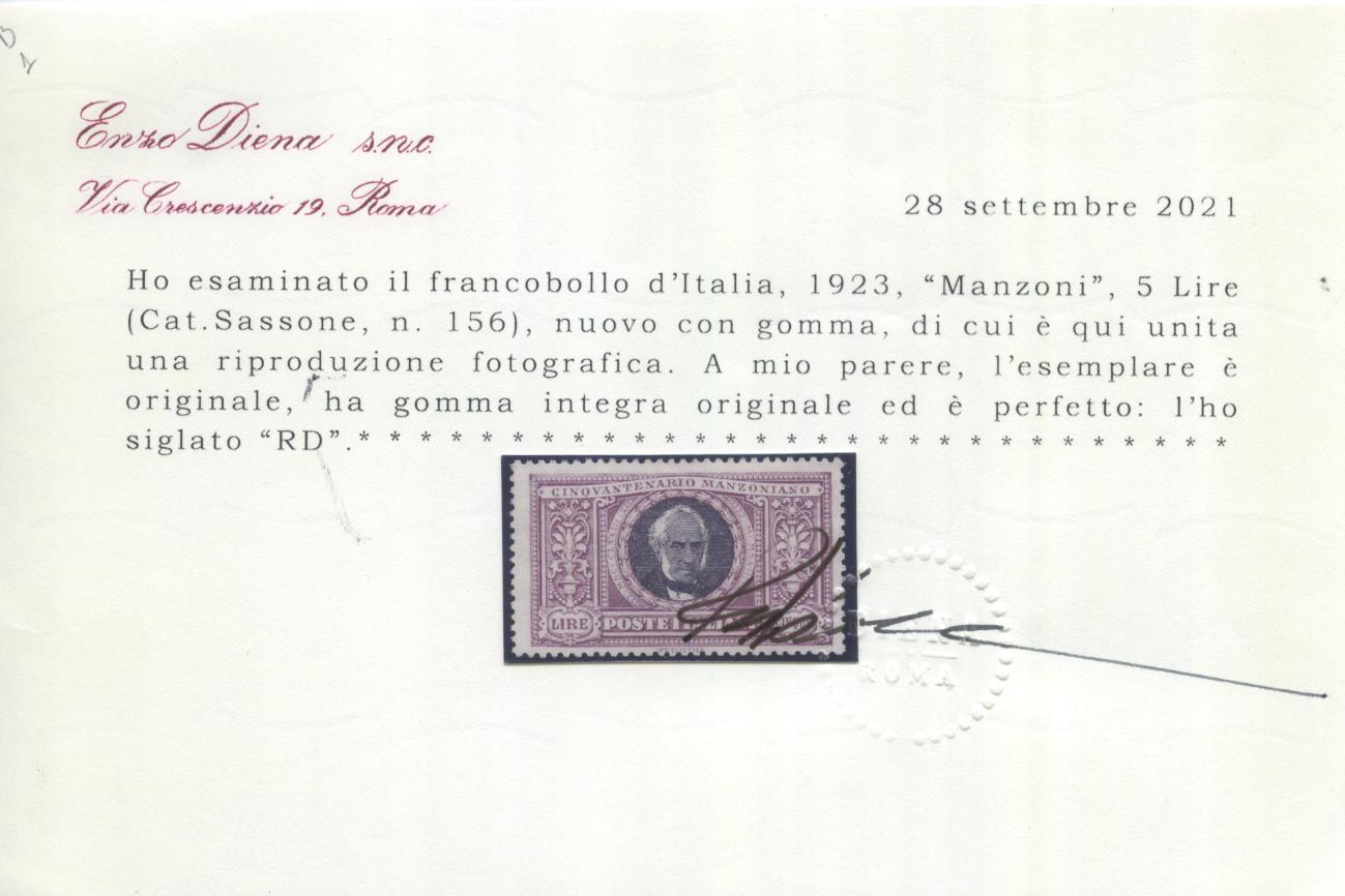 Scansione lotto: REGNO 1923 MANZONI 6V. 4 ** CENTRATO CERT.