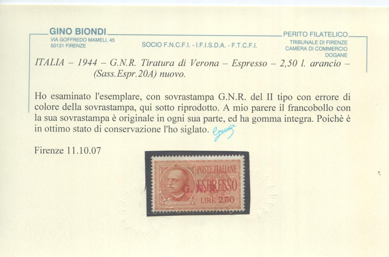 Scansione lotto: RSI E LUOGOTENENZA 1944 ESPRESSO N.20A 2 **  CERT.