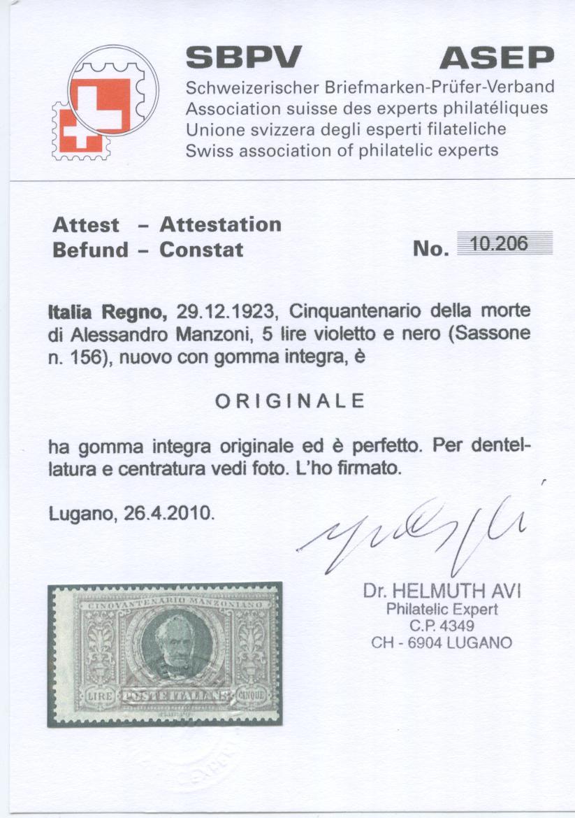 Scansione lotto: REGNO 1923 MANZONI L.5 3 **  CERT.