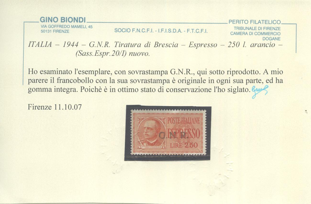 Scansione lotto: RSI E LUOGOTENENZA 1944 EX BRESCIA N.20/I **  CERT.