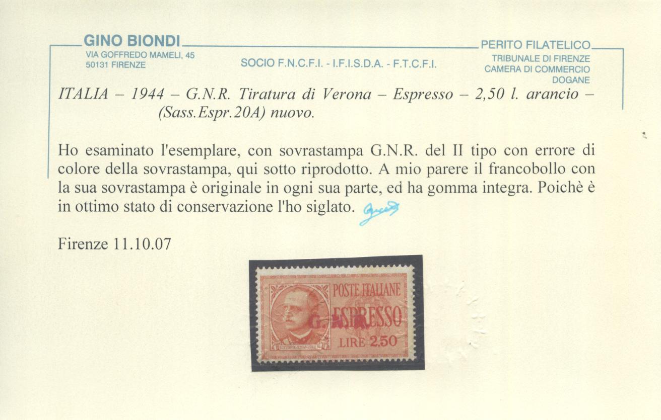 Scansione lotto: RSI E LUOGOTENENZA 1944 ESPRESSO N.20A **  CERT.