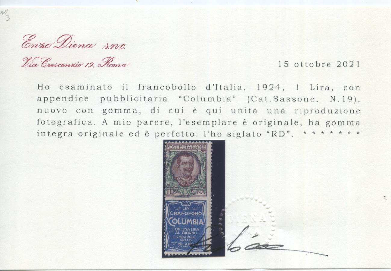 Scansione lotto: REGNO 1924 L.1 COLUMBIA 2 **  CERT.