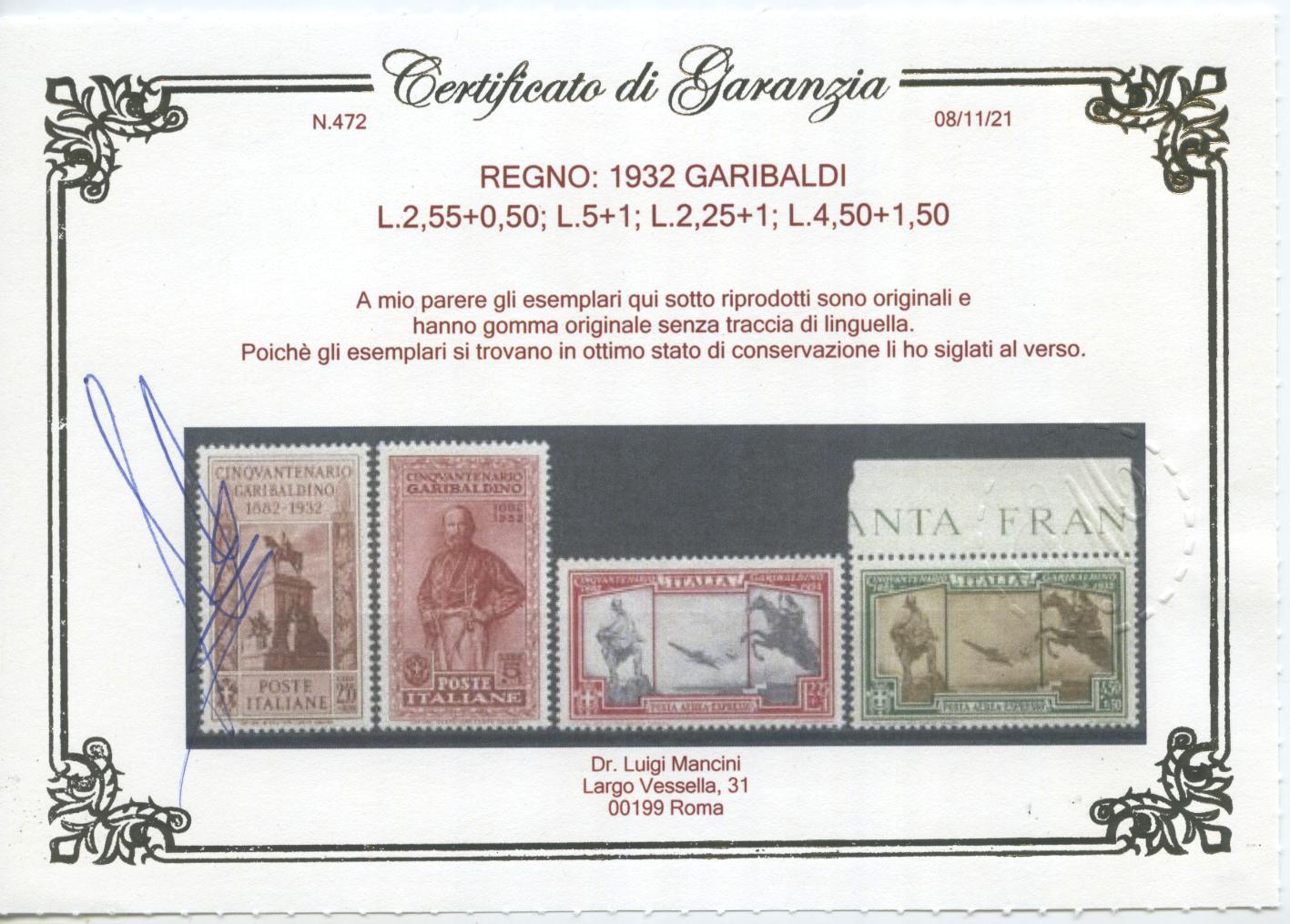 Scansione lotto: REGNO 1932 GARIBALDI 17V. ** LUSSO CERT.