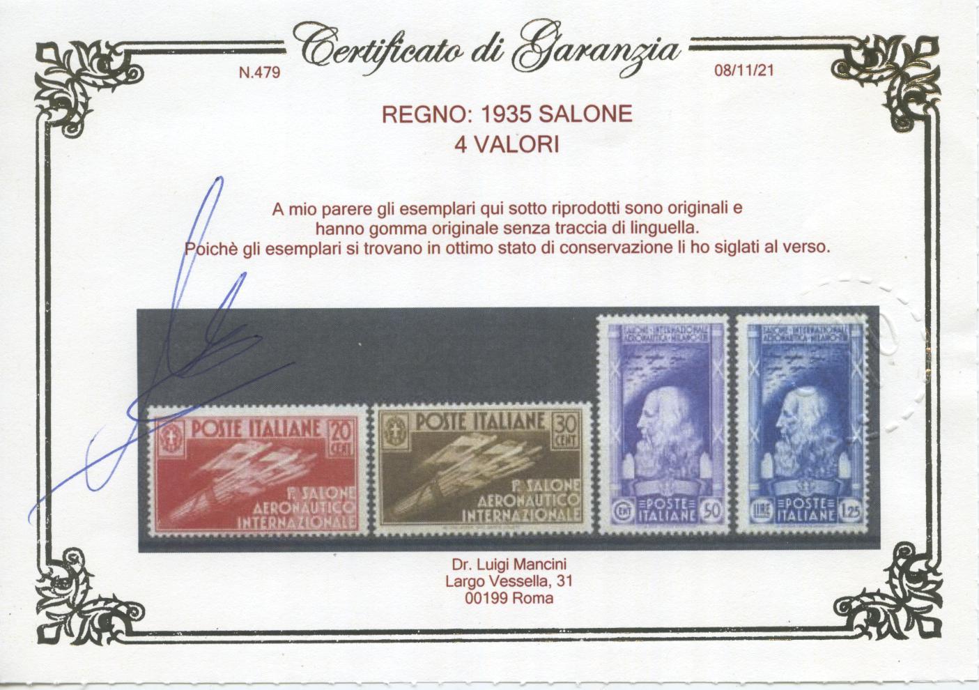 Scansione lotto: REGNO 1935 SALONE 4V. 6 **  CERT.