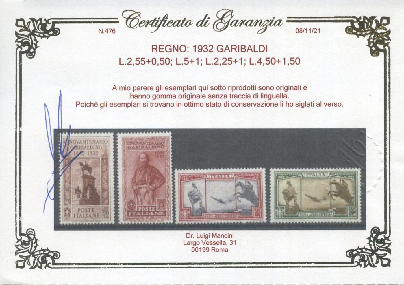 Scansione lotto: REGNO 1932 GARIBALDI 17V. 6 ** CENTRATO CERT.