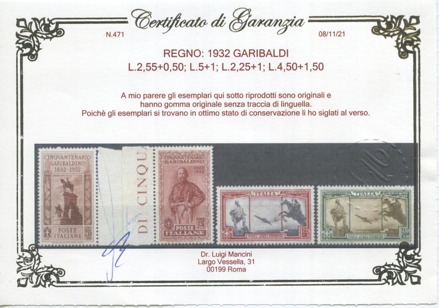 Scansione lotto: REGNO 1932 GARIBALDI 17V. 2 ** LUSSO CERT.