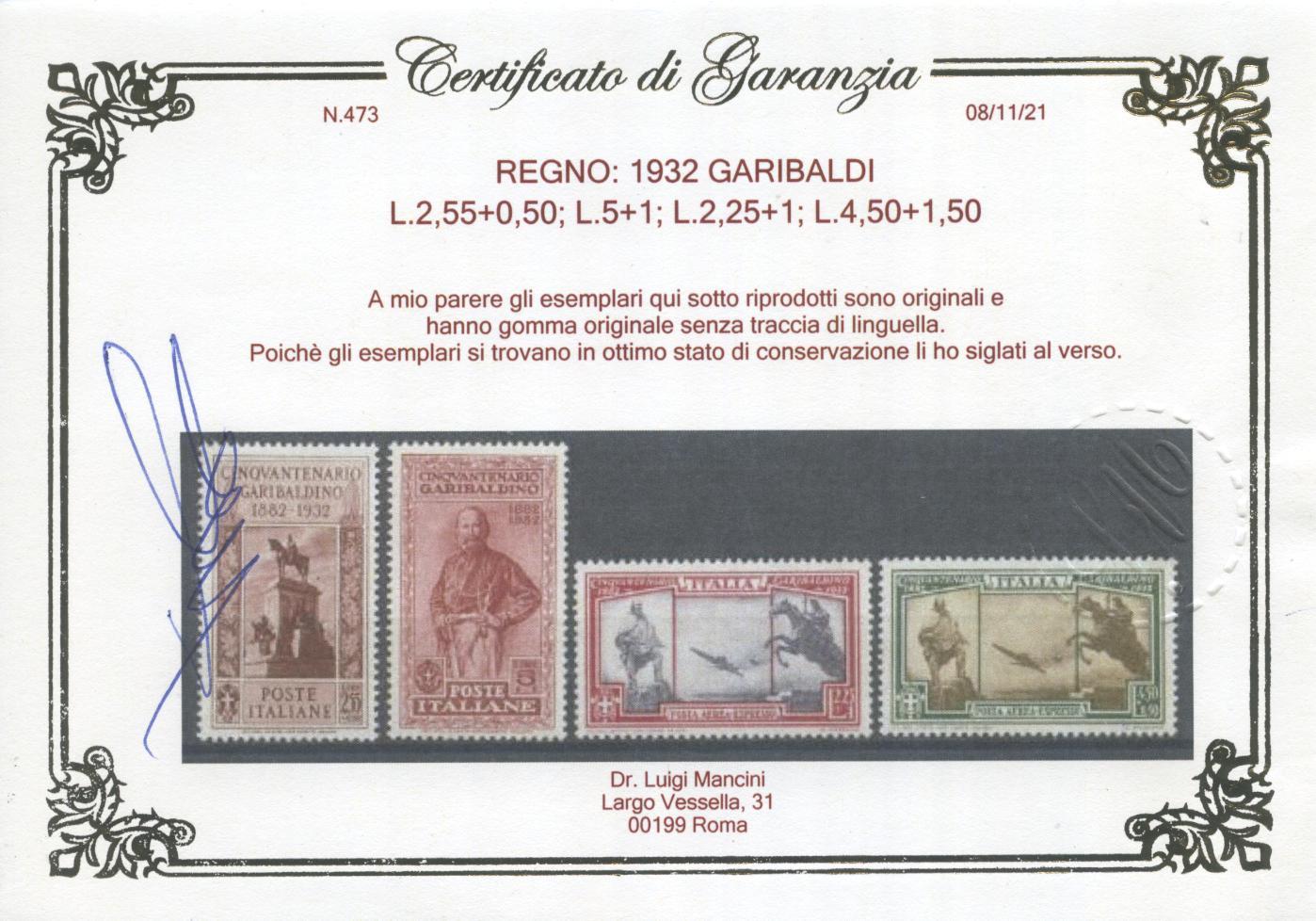 Scansione lotto: REGNO 1932 GARIBALDI 17V. 3 ** LUSSO CERT.