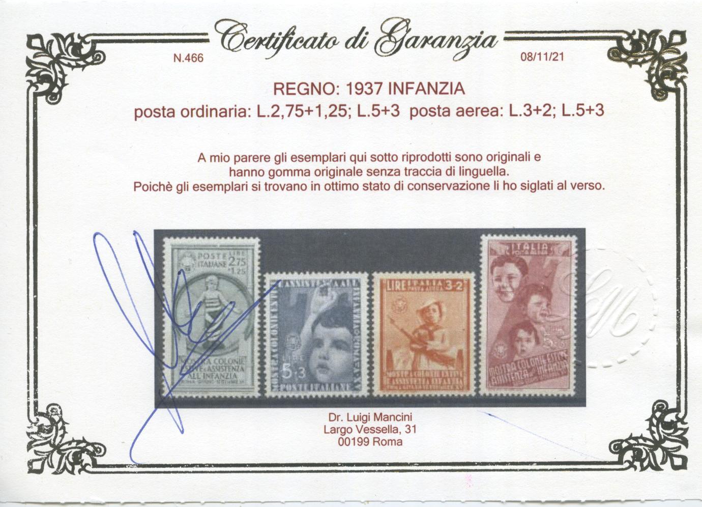 Scansione lotto: REGNO 1937 INFANZIA 16V. 2 ** CENTRATO CERT.