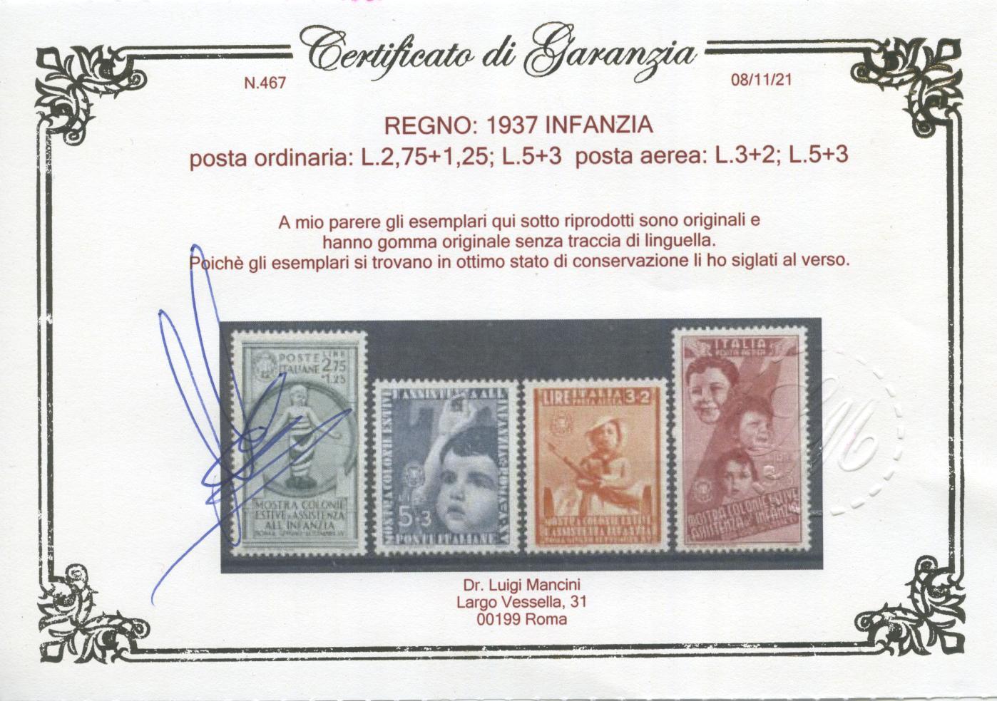 Scansione lotto: REGNO 1937 INFANZIA 16V. 2 ** LUSSO CERT.