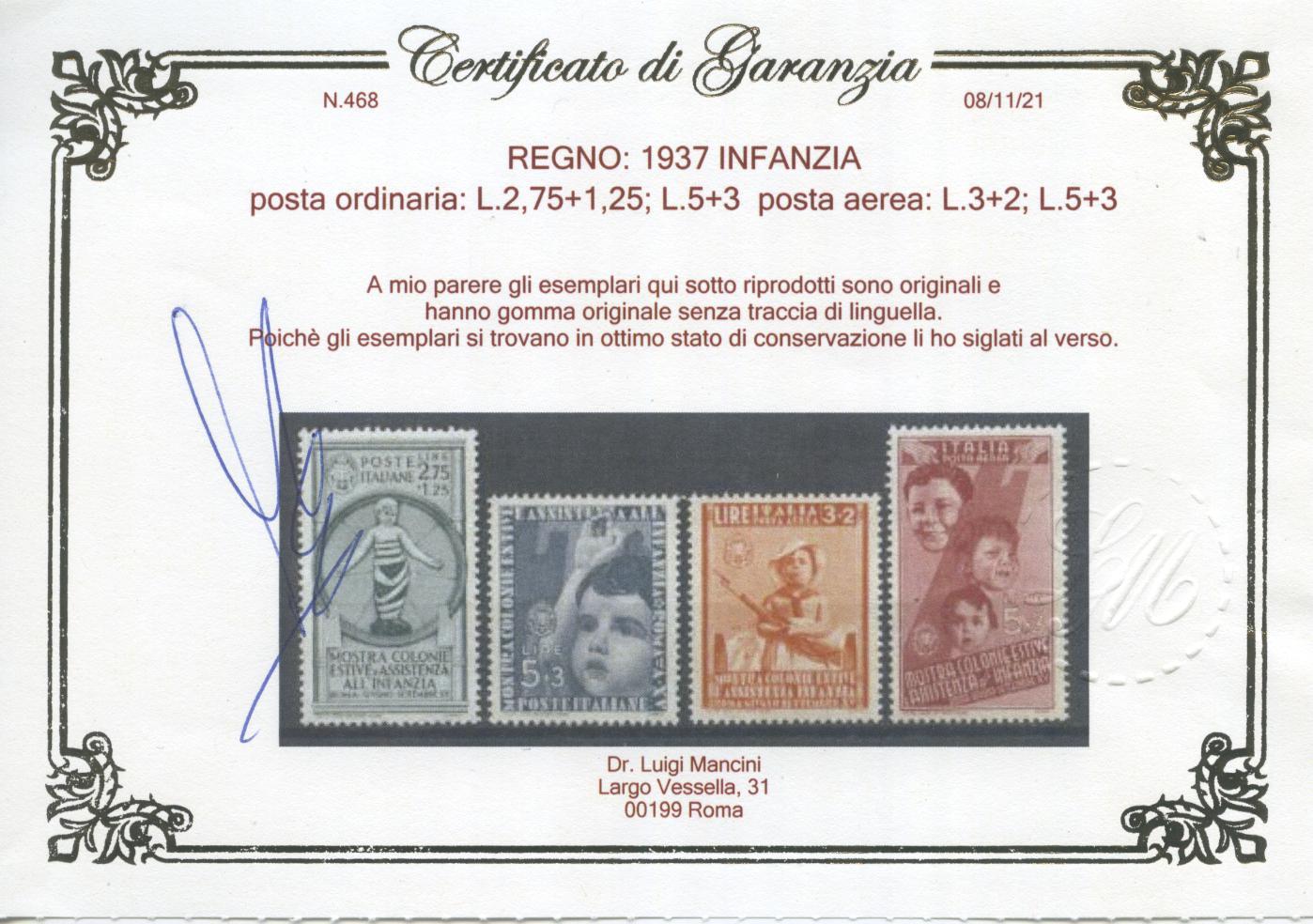 Scansione lotto: REGNO 1937 INFANZIA 16V. 3 ** LUSSO CERT.