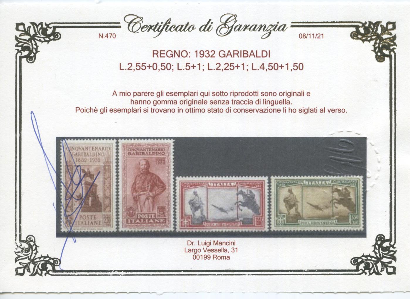 Scansione lotto: REGNO 1932 GARIBALDI 17V. 4 ** LUSSO CERT.