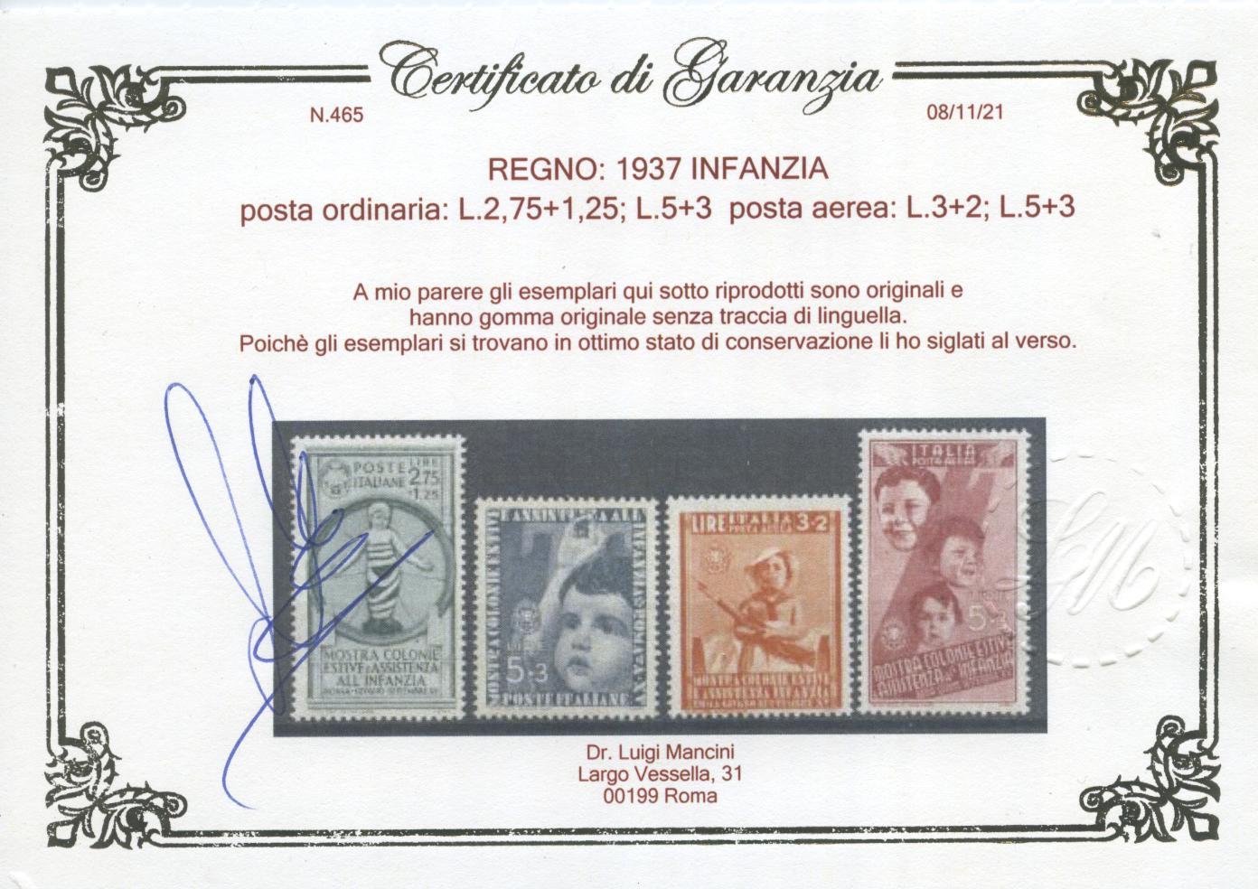 Scansione lotto: REGNO 1937 INFANZIA 16V. 3 ** CENTRATO CERT.