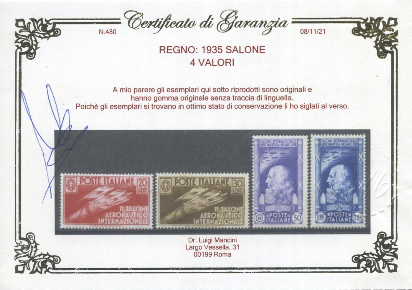 Scansione lotto: REGNO 1935 SALONE 4V. 2 **  CERT.