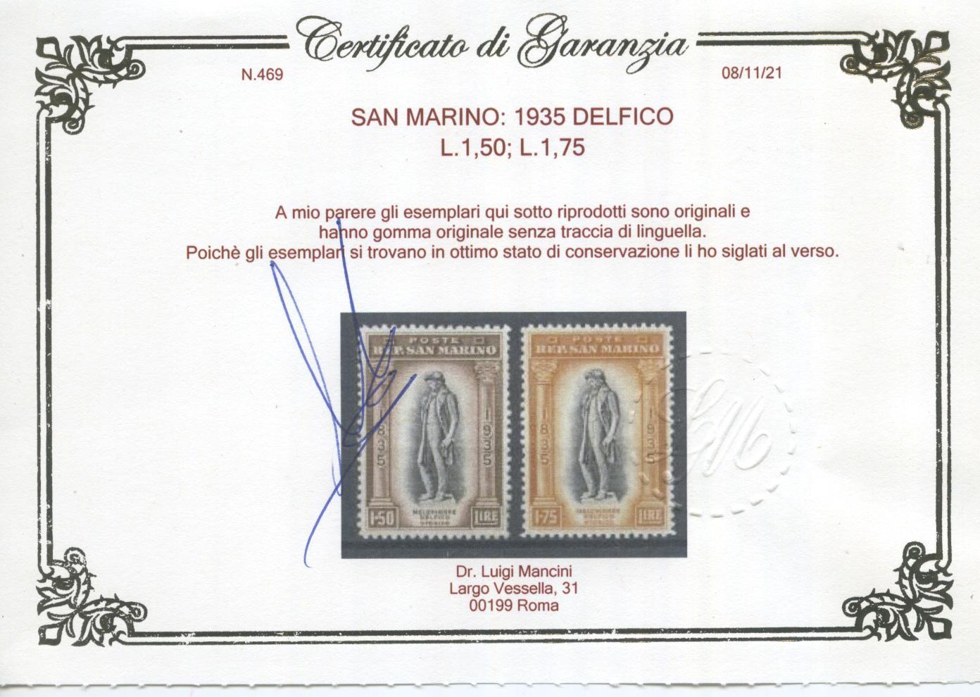 Scansione lotto: SAN MARINO 1935 DELFICO 12V. 3 ** LUSSO CERT.