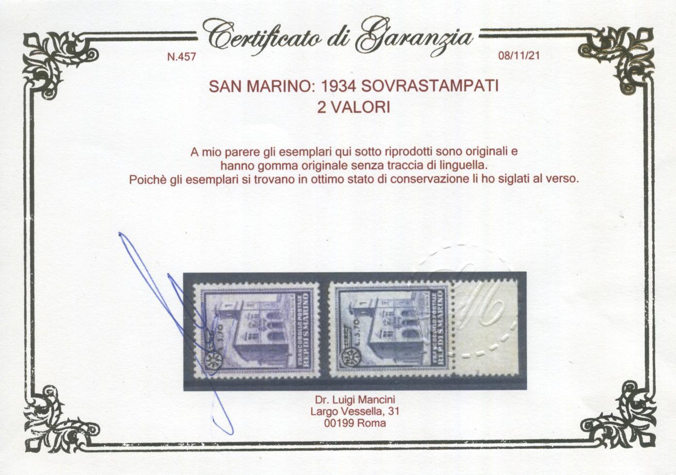 Scansione lotto: SAN MARINO 1934 SOVR. 2V. 2 ** LUSSO CERT.