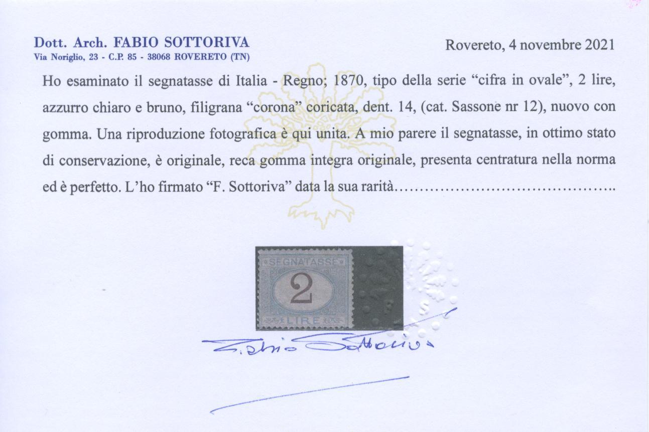 Scansione lotto: REGNO 1870 TASSE L.2 2 **  CERT.